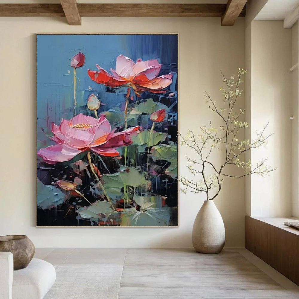 Blue, Pink, Green with Textured Lotus "Vibrant Blooms" Abstract Painting On Canvas PS1436