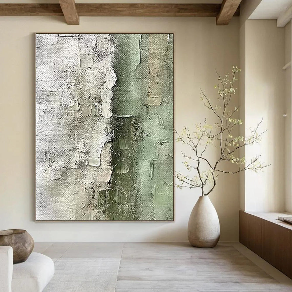 “Textured Green and White Abstract” - Wabi - Sab Style Painting On Canvas PT1002