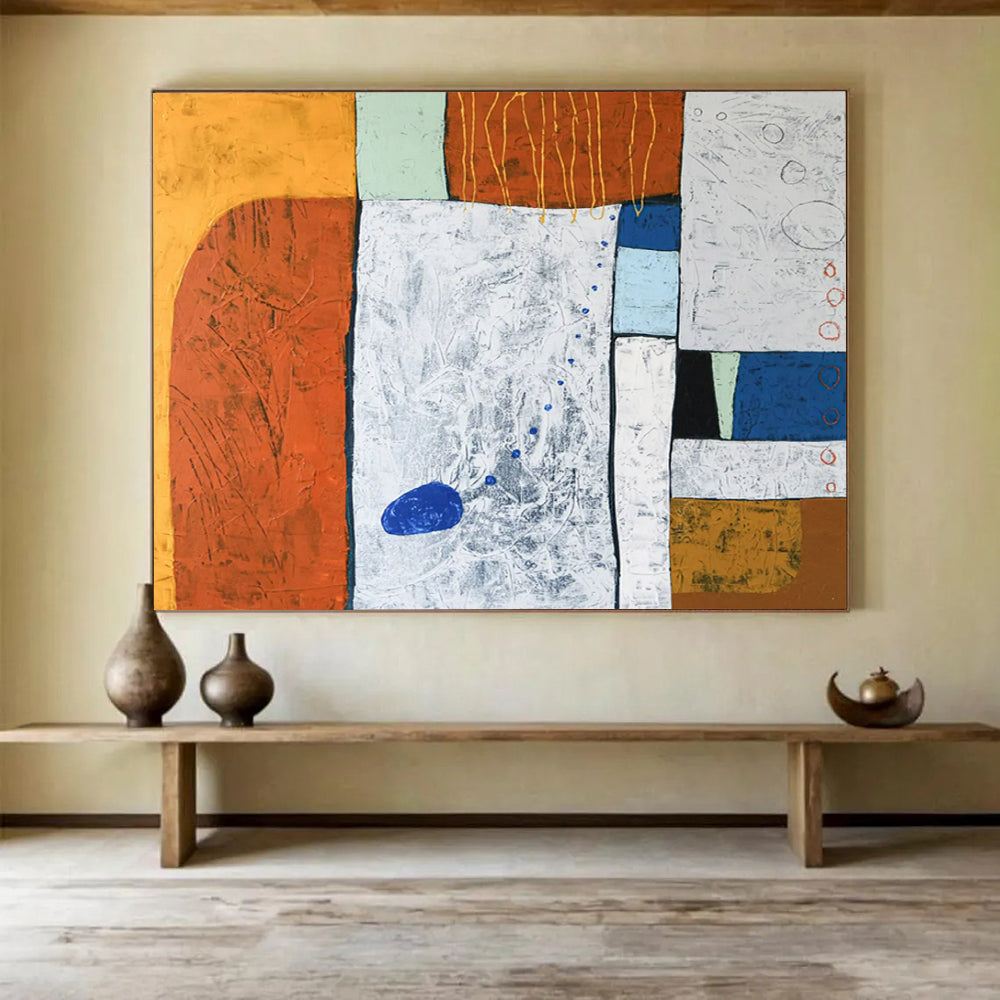 “Textured Color Blocks in Orange, Green, Blue” Mixed Media Abstract Painting On Canvas PT1807