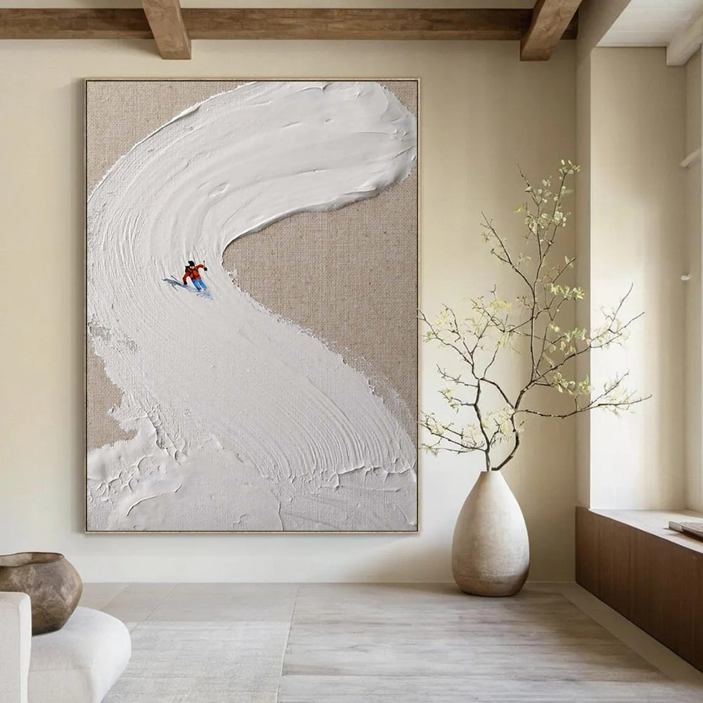“Skier on Textured White Slope” - Minimalist Winter Sports Painting On Canvas DS311