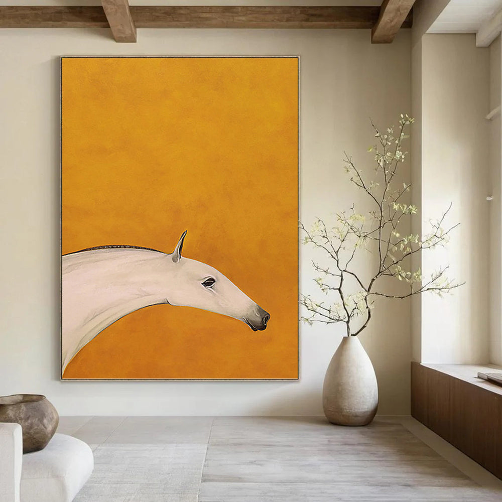 “Minimalist White Horse on Orange” - Minimalist - Inspired Animal Painting On Canvas PT1427