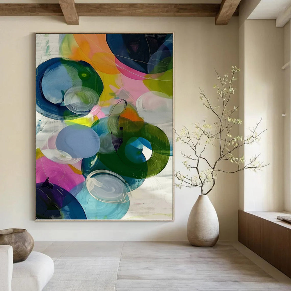 “Colorful Transparent Circles Abstract” - Playful Contemporary Painting On Canvas PT0999