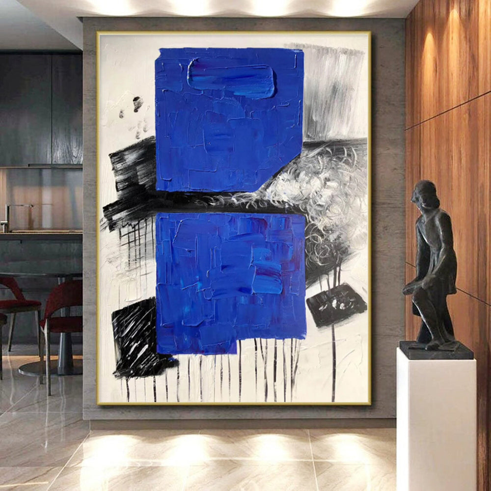 “Blue - Black - White Abstract Textured Squares” - Tactile Abstract Painting On Canvas PS0330