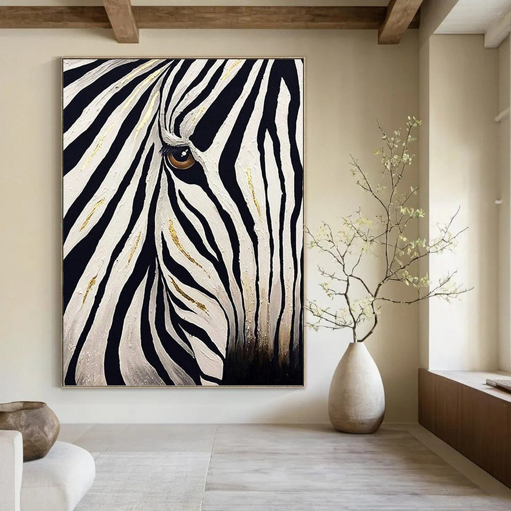 “Golden - Striped Zebra Gaze” Painting On Canvas PT1446