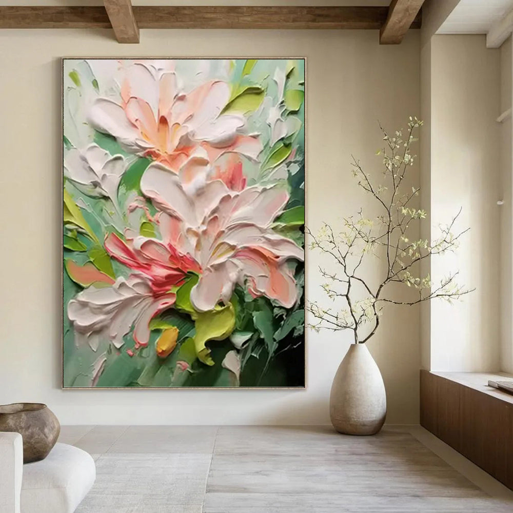 “Pink - Green Floral Impasto” - Impressionist - Inspired Floral Painting On Canvas PT1396