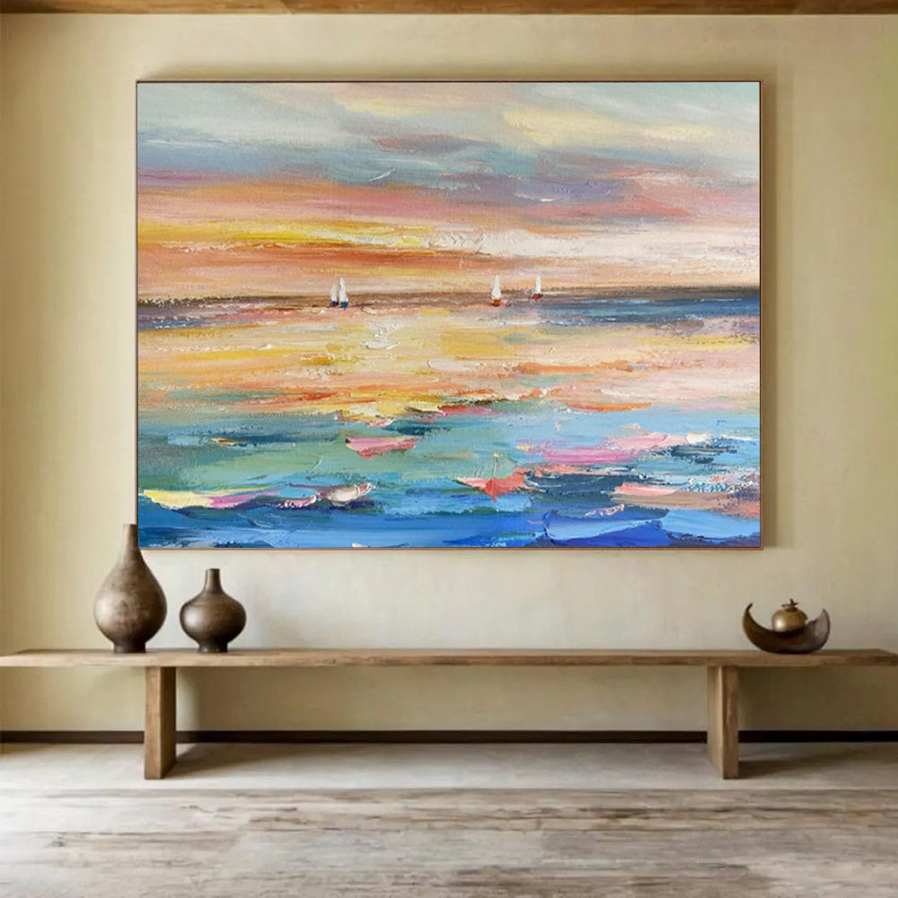 “Sailboats at Sunset” - Impressionist Seascape - Painting On Canvas PT1745