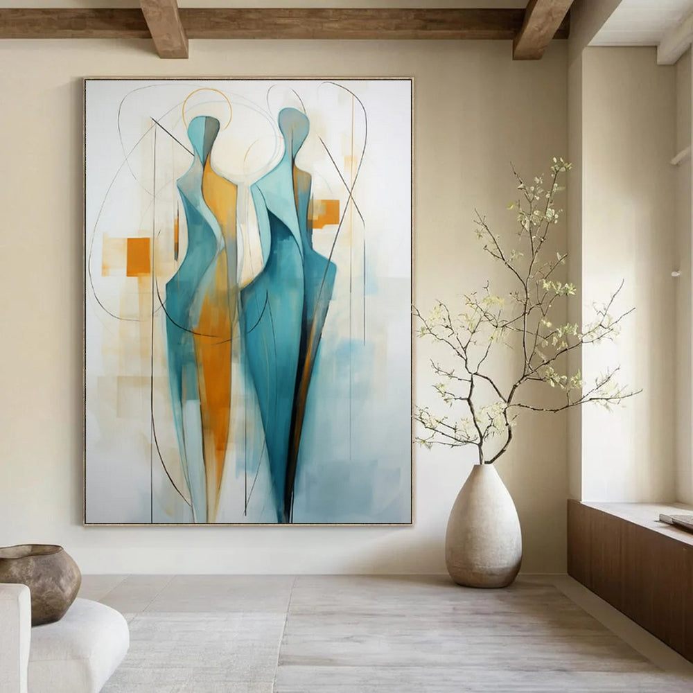 “Teal and Orange Abstract Figures” - Minimalist Abstract Painting On Canvas PT2234