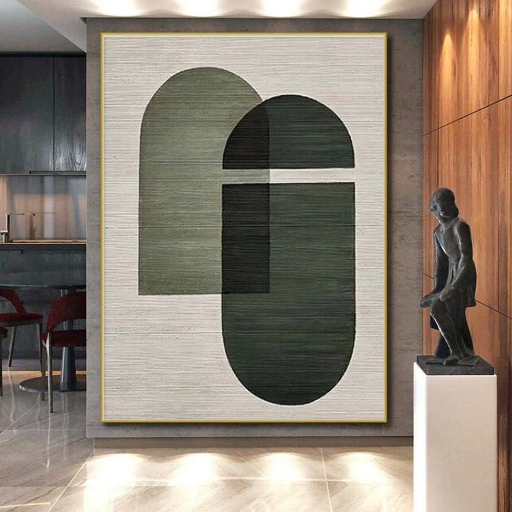 “Green Geometric Shapes” - Green, Gray Abstract Geometric Painting On Canvas PS0674