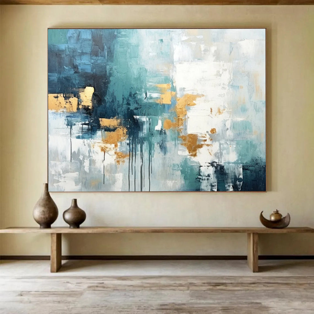 “Teal, Gray, and Gold Abstract Drips” - Modern Abstract Painting On Canvas PT073