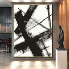 “Monochrome Cross Strokes” - Black, White Abstract Minimalist Painting On Canvas PS0716