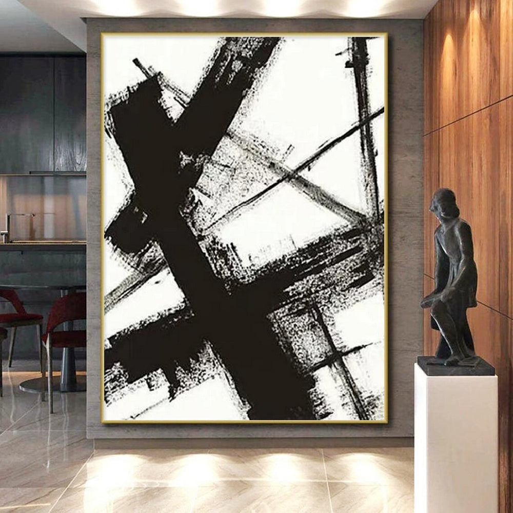 “Monochrome Cross Strokes” - Black, White Abstract Minimalist Painting On Canvas PS0716