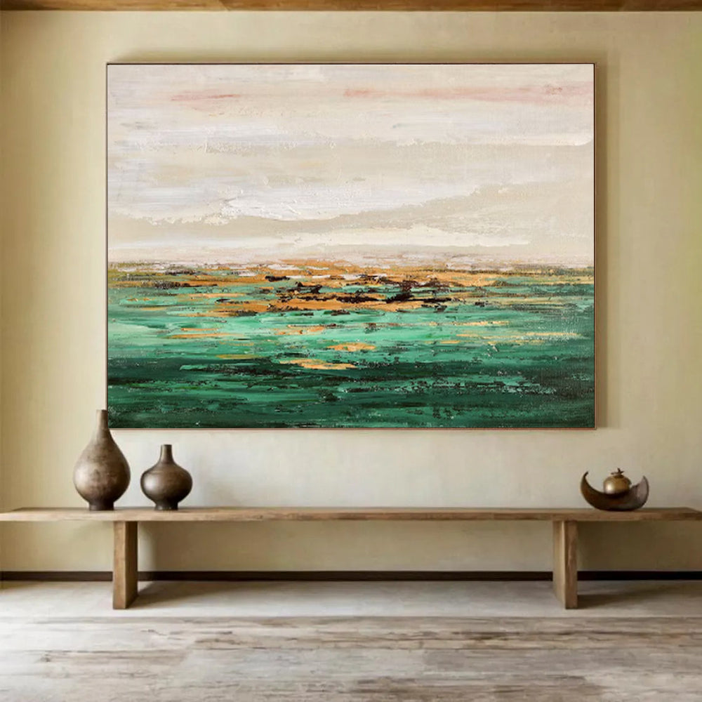 Teal Gold Repeat: Teal, Gold & Beige Abstract Landscape Painting for Coastal Villa & Relaxation Lounge DKS648
