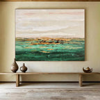 Teal Gold Repeat: Teal, Gold & Beige Abstract Landscape Painting for Coastal Villa & Relaxation Lounge DKS648