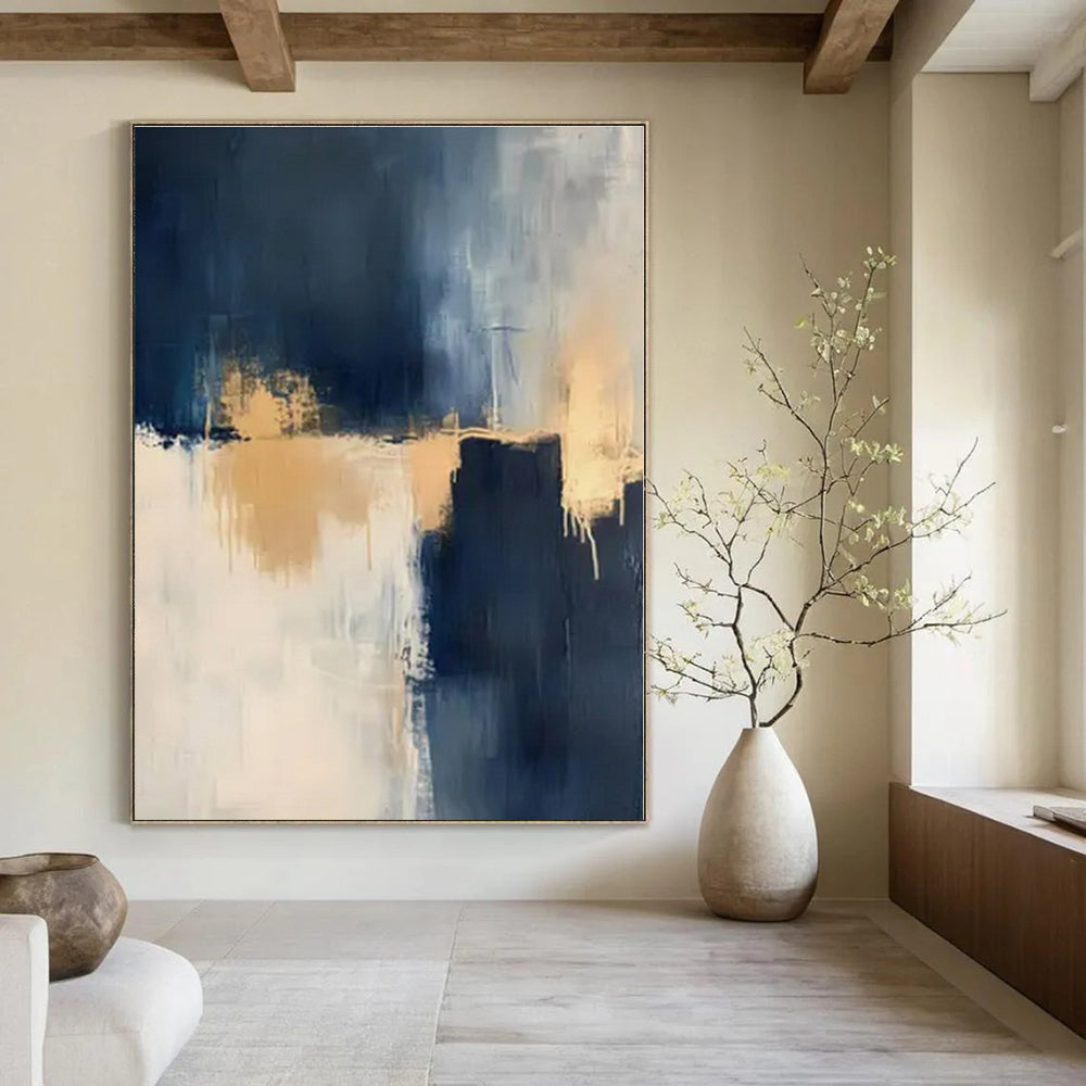 Navy, White, Gold with Abstract Drips "Gilded Tide" Abstract Painting On Canvas PS1309