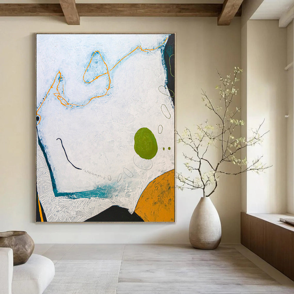 “White - Blue Abstract with Orange & Green” - Whimsical Abstract Painting On Canvas PT1110