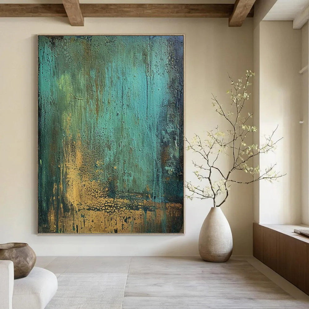 “Teal - Gold Textured Fusion” - Textured Abstract Painting On Canvas PT1194