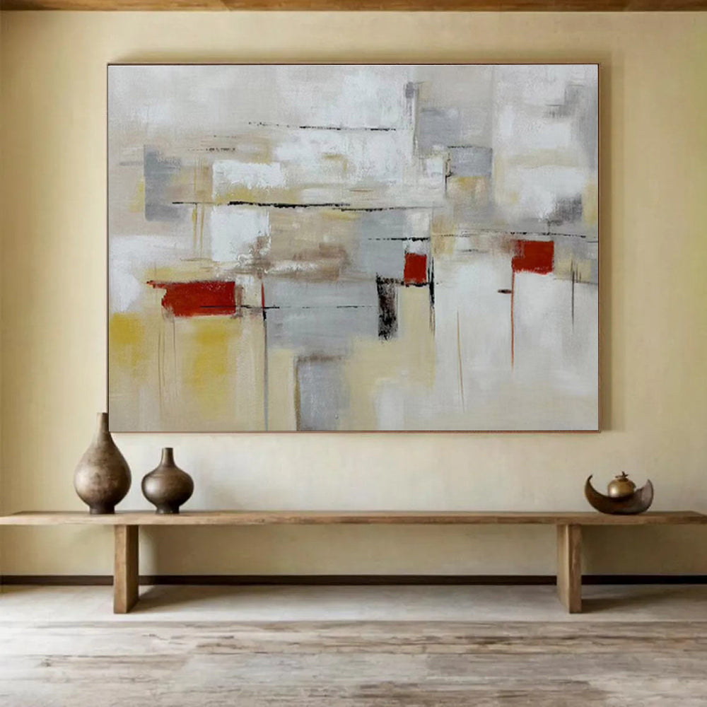 “Neutral - Toned Abstract City” - Gray, Yellow & Red Abstract, Urban - Inspired Oil Painting On Canvas DKS750
