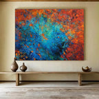 “Fiery Blue Abstract Burst” - Red, Blue & Orange Abstract, Energetic Acrylic Painting On Canvas DKS723