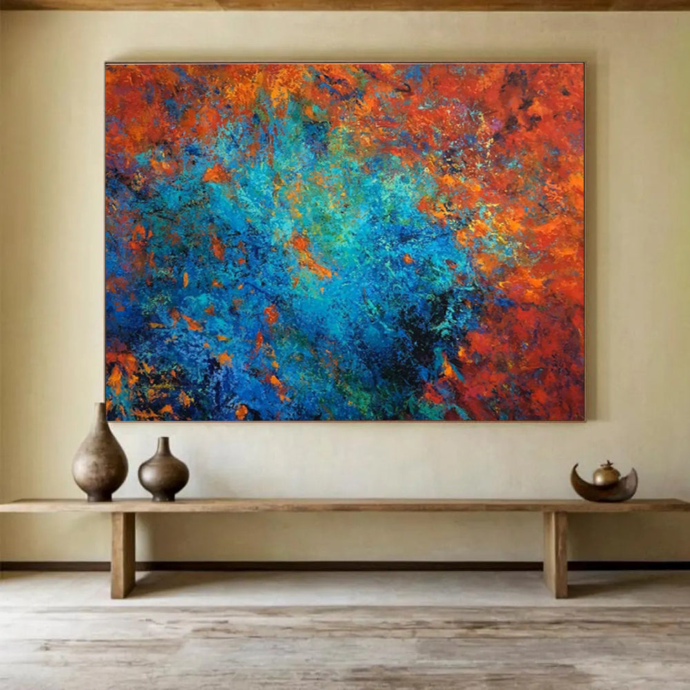 “Fiery Blue Abstract Burst” - Red, Blue & Orange Abstract, Energetic Acrylic Painting On Canvas DKS723