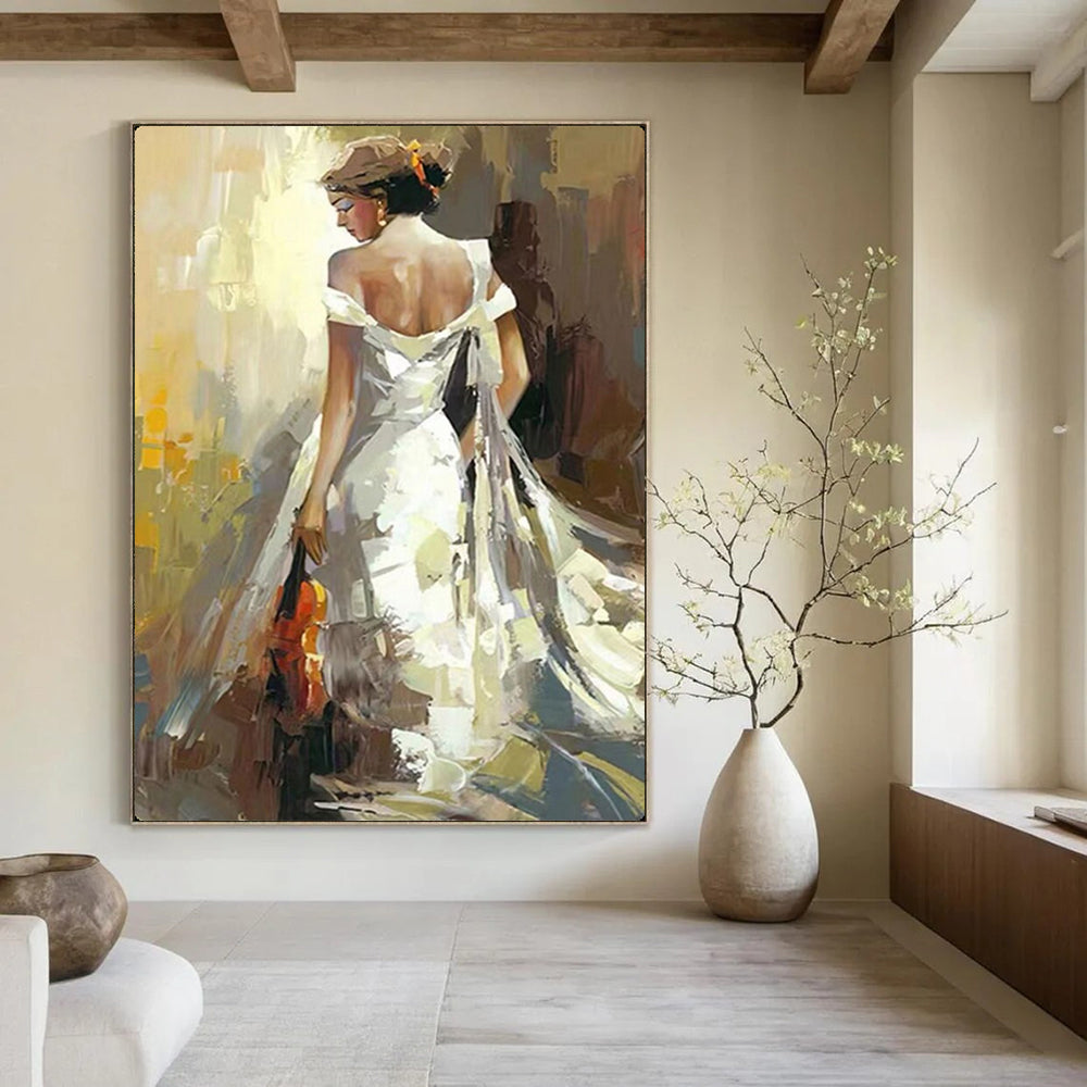 “Woman in White Gown with Violin” - Expressive Oil Painting On Canvas PT2175