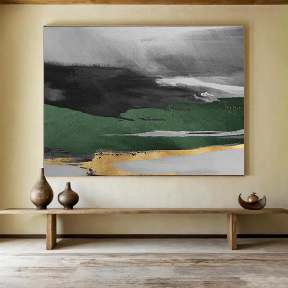 “Green and Gold Abstract Landscape” - Abstract Landscape Painting, Ideal for Dining Room & Entryway DKS606