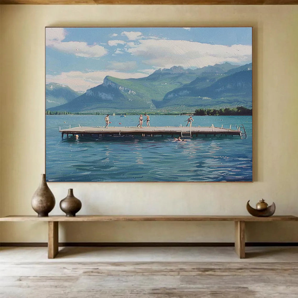 Blue Lake and Green Mountains with Figures Realistic Landscape Painting On Canvas DKS093