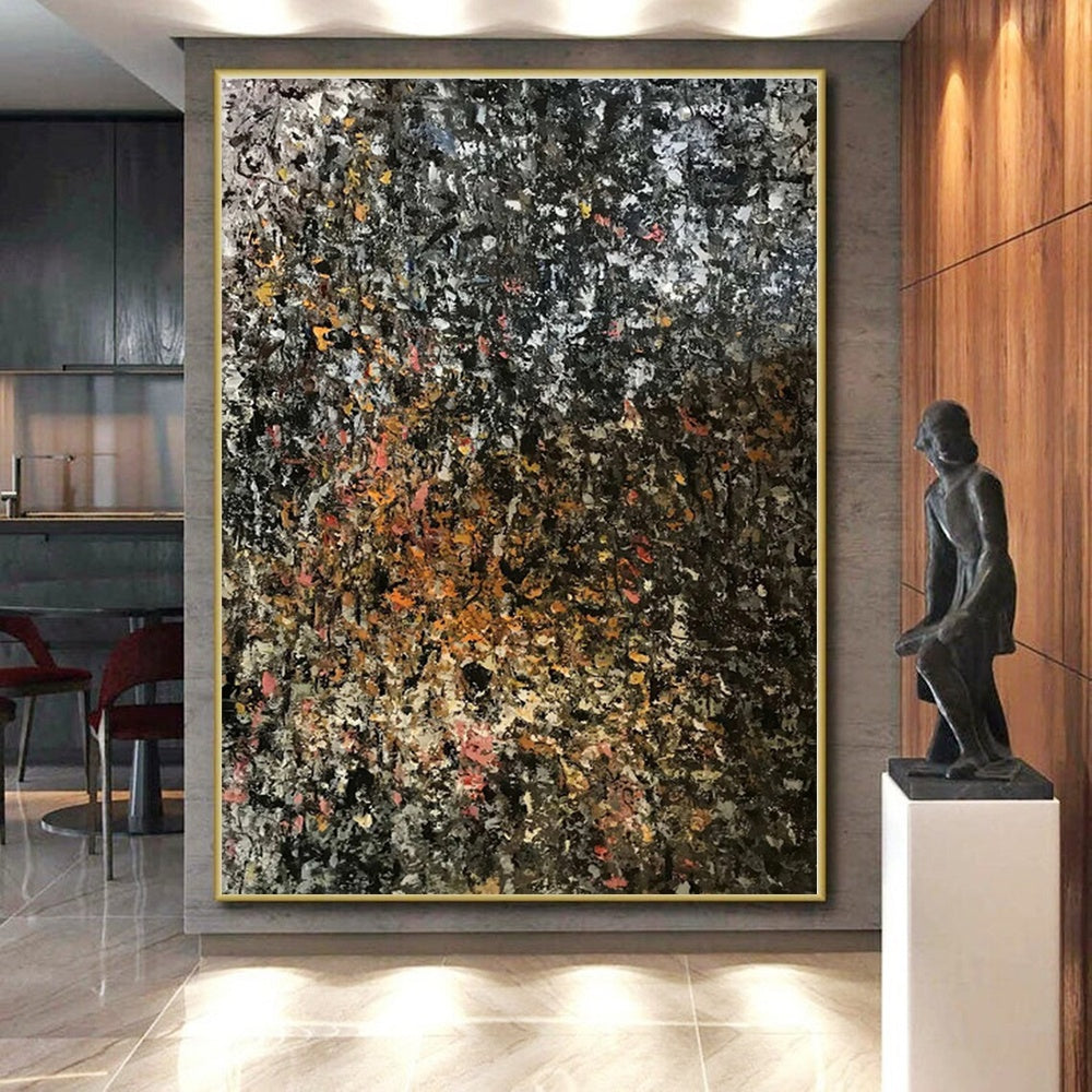 “Dark - Hued Textured Abstract” - Black, Orange, Pink Abstract Painting On Canvas PS0462