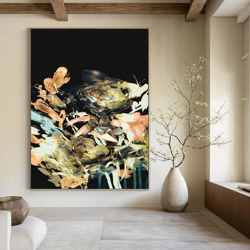 “Midnight Blossom Burst” - Colorful Florals on Black Background Painting On Canvas DS171