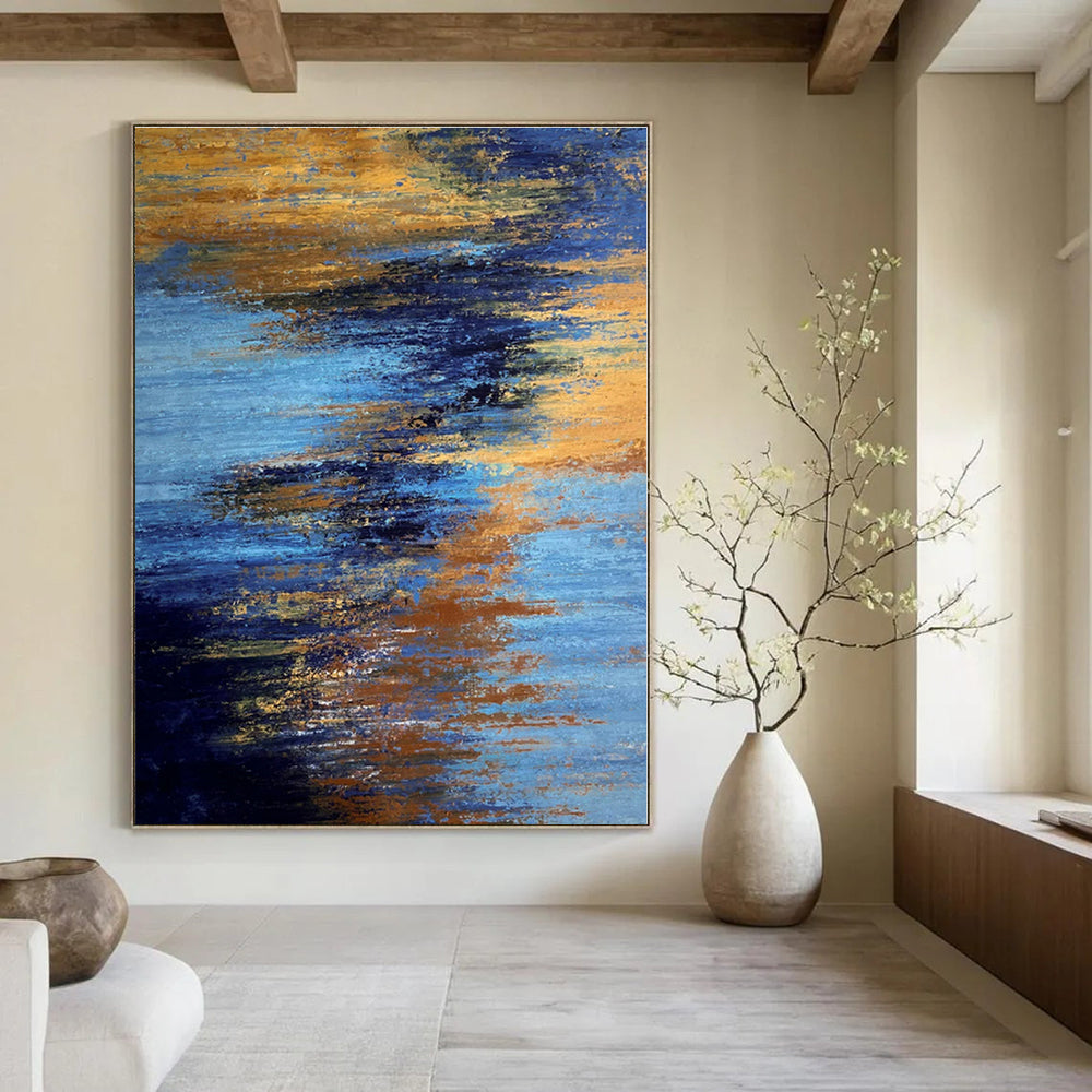 Blue and Gold Abstract Sunset - Textured Color Blends Painting On Canvas PS1234