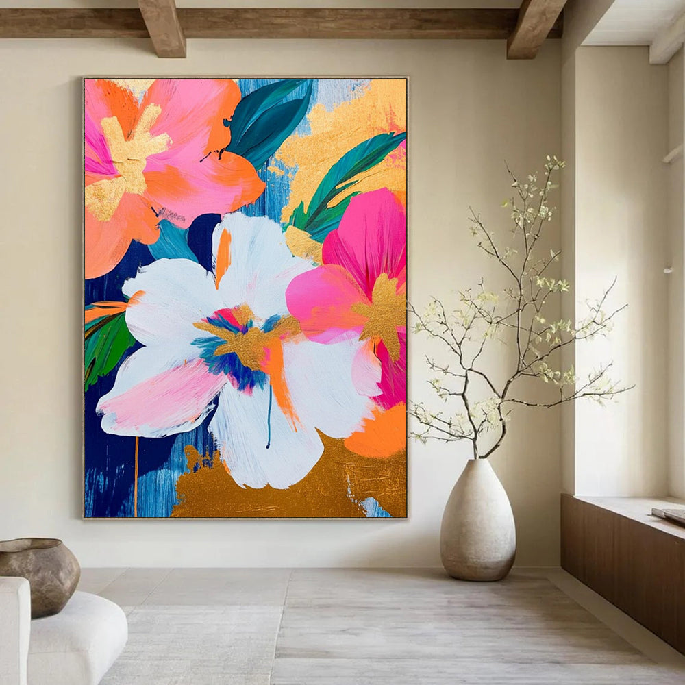 “Pink, Orange & Gold Floral” - Bold Floral Abstract Painting On Canvas DS284