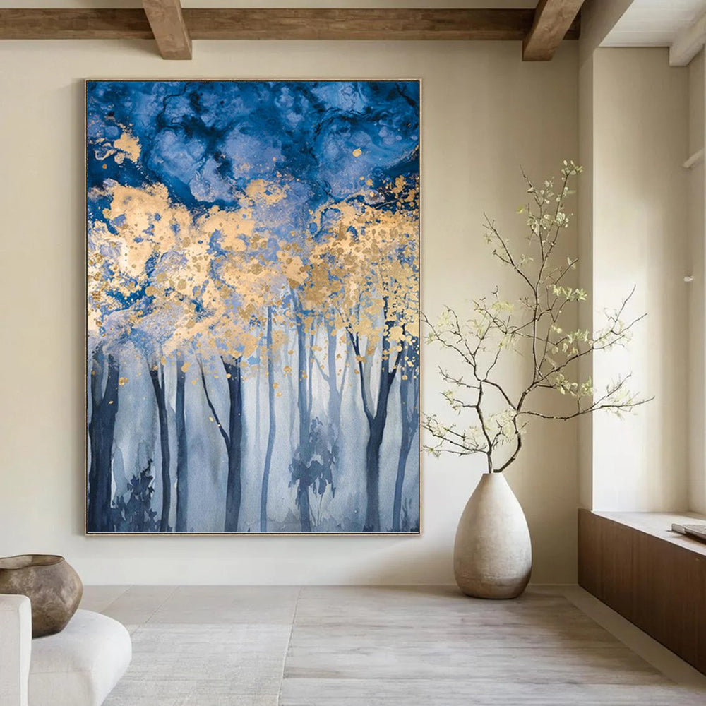 “Blue - Gold Forest: Dreamy Landscape” - Watercolor - Style Painting On Canvas PT0936
