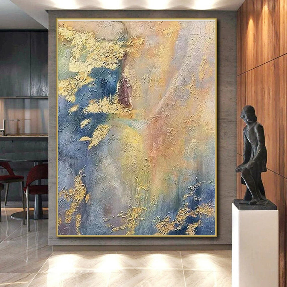 “Gold - Blue - Yellow Textured Abstraction” - Gold, Blue, Yellow Abstract Textured Painting On Canvas PS0582