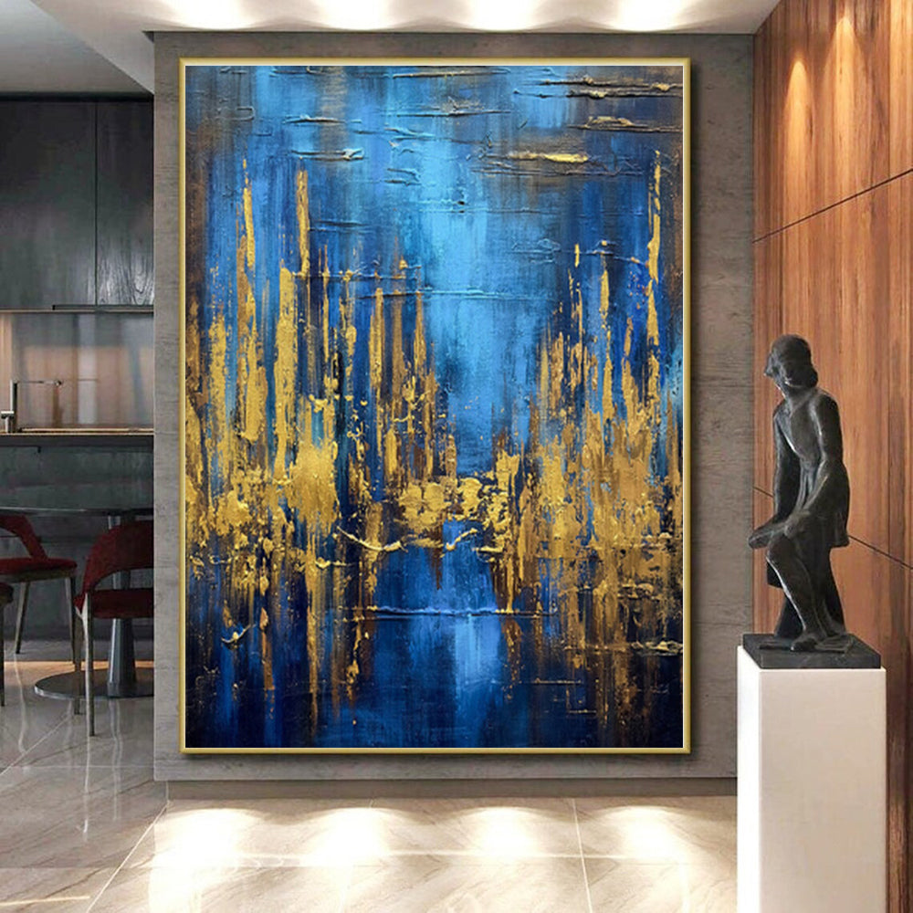 “Blue - Gold Abstract Forest” - Blue, Gold Abstract Painting On Canvas PS0449