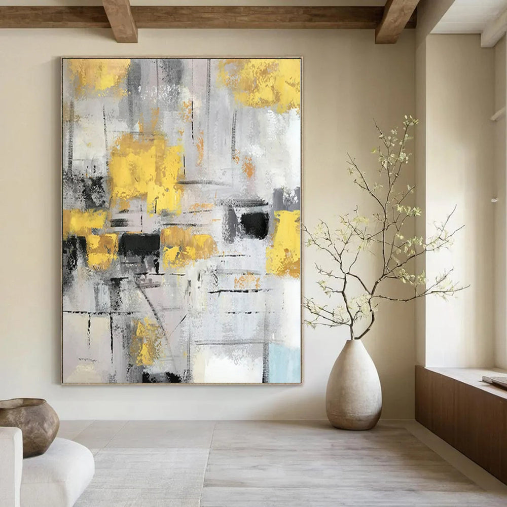 Gray, Yellow, Black with Abstract Blocks "Urban Gleam" Abstract Painting On Canvas PS1314