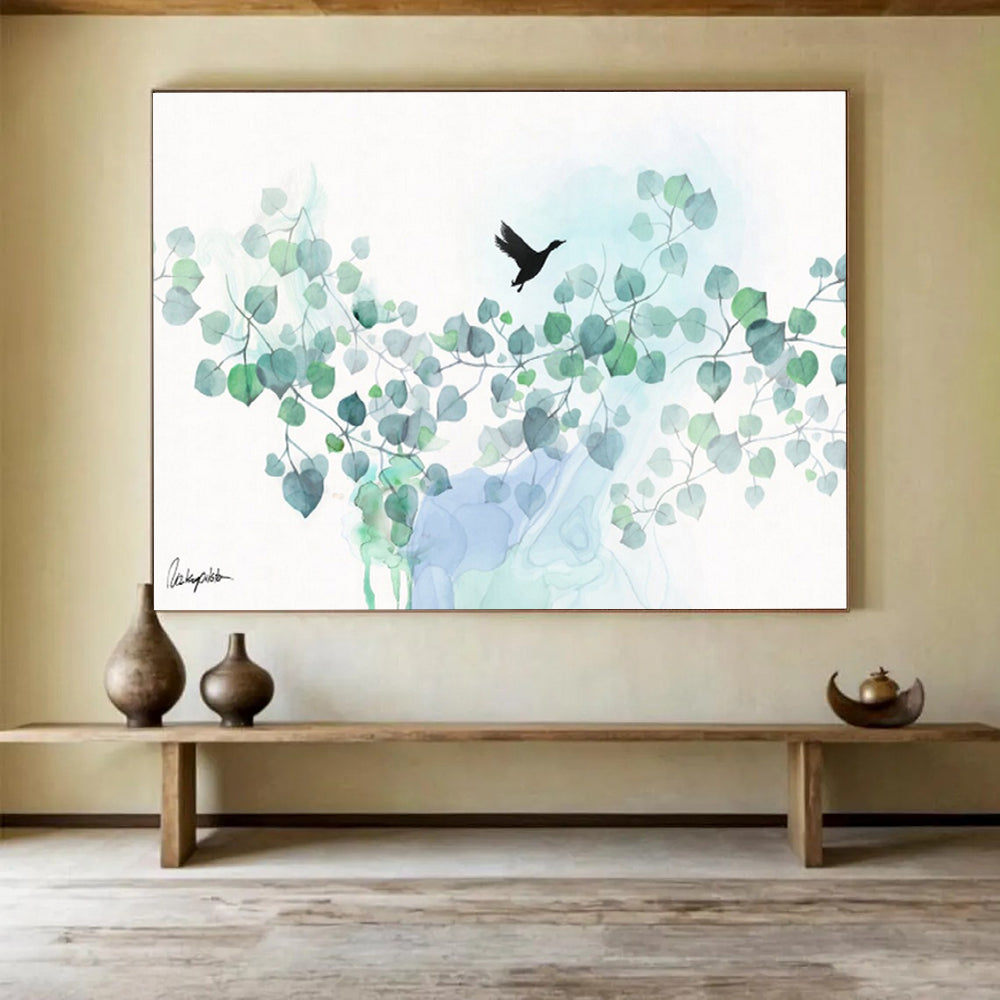 “Eucalyptus And Bird Silhouette” - Watercolor Painting On Paper DKS539