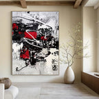 “Dynamic Red, Black, and White Abstract” - Energetic Abstract Painting On Canvas DS383