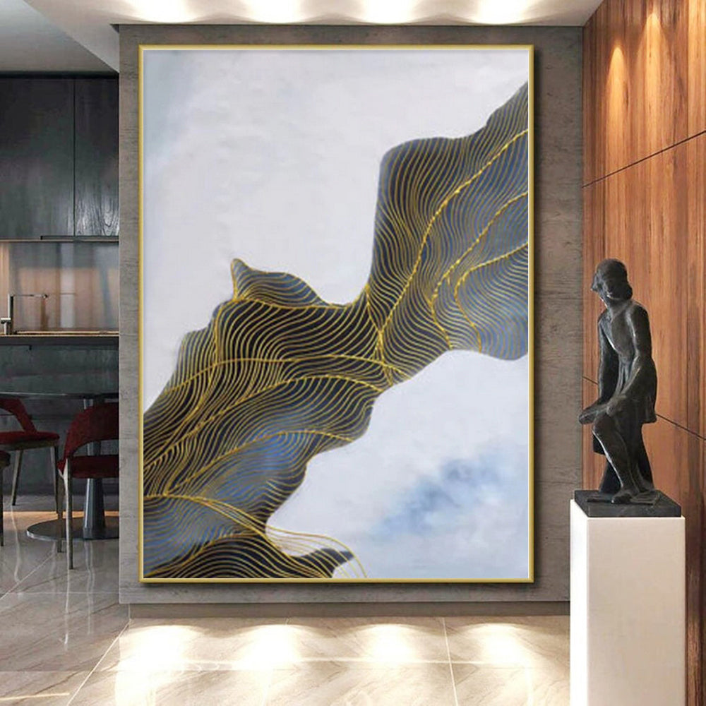 “Blue - Gold Abstract Flowing Waves” - Opulent Abstract Painting On Canvas PS0357