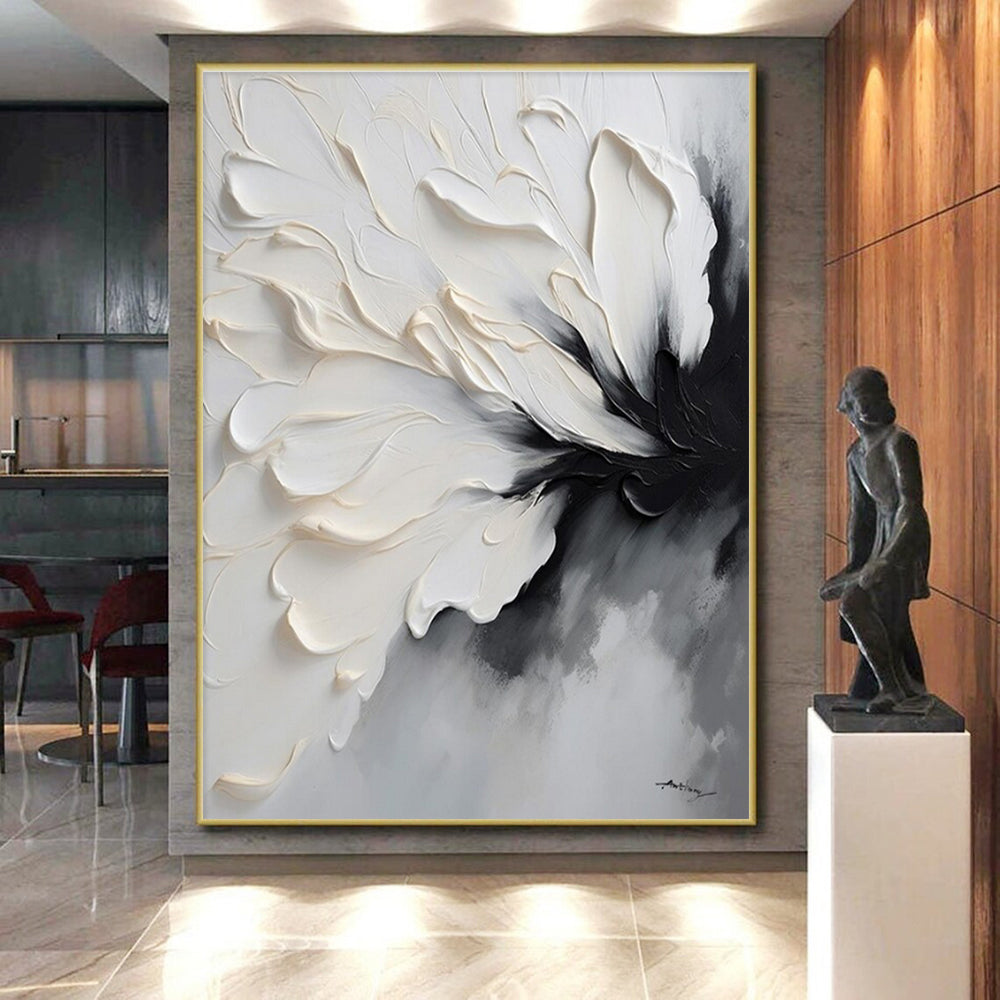“Monochrome Floral Impasto” - White, Gray, Black Textured Floral Painting On Canvas PS0768