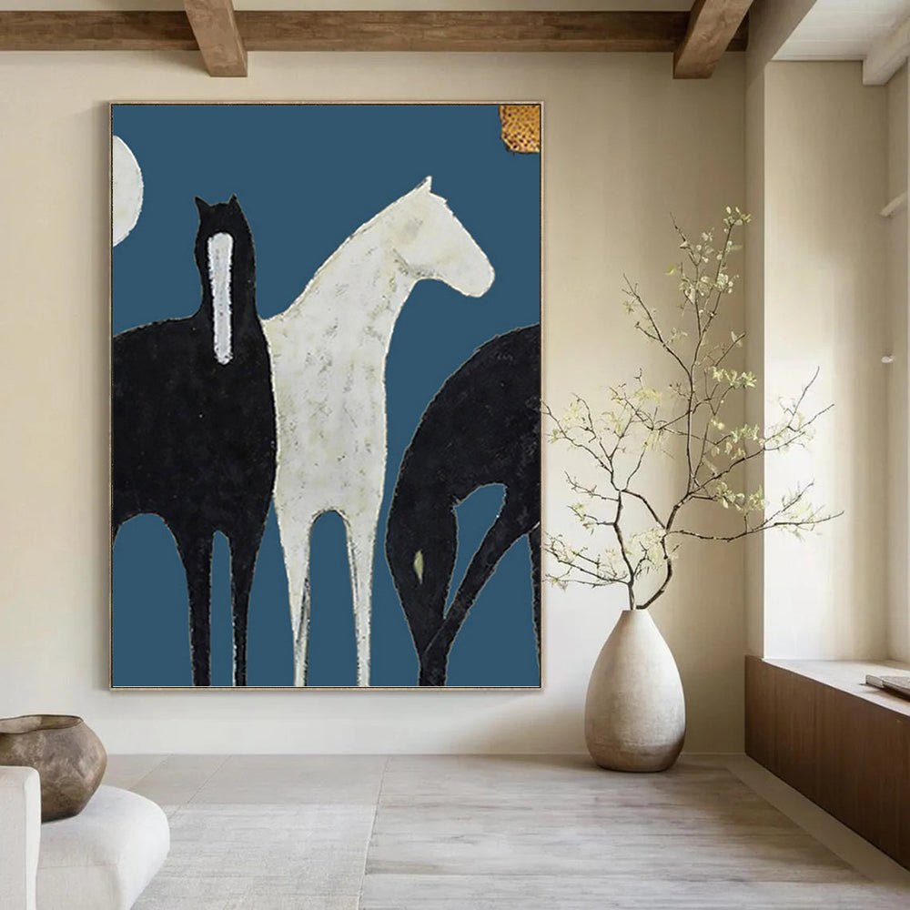 “Stylized Black & White Horses” - Minimalist - Inspired Animal Painting On Canvas PT1440