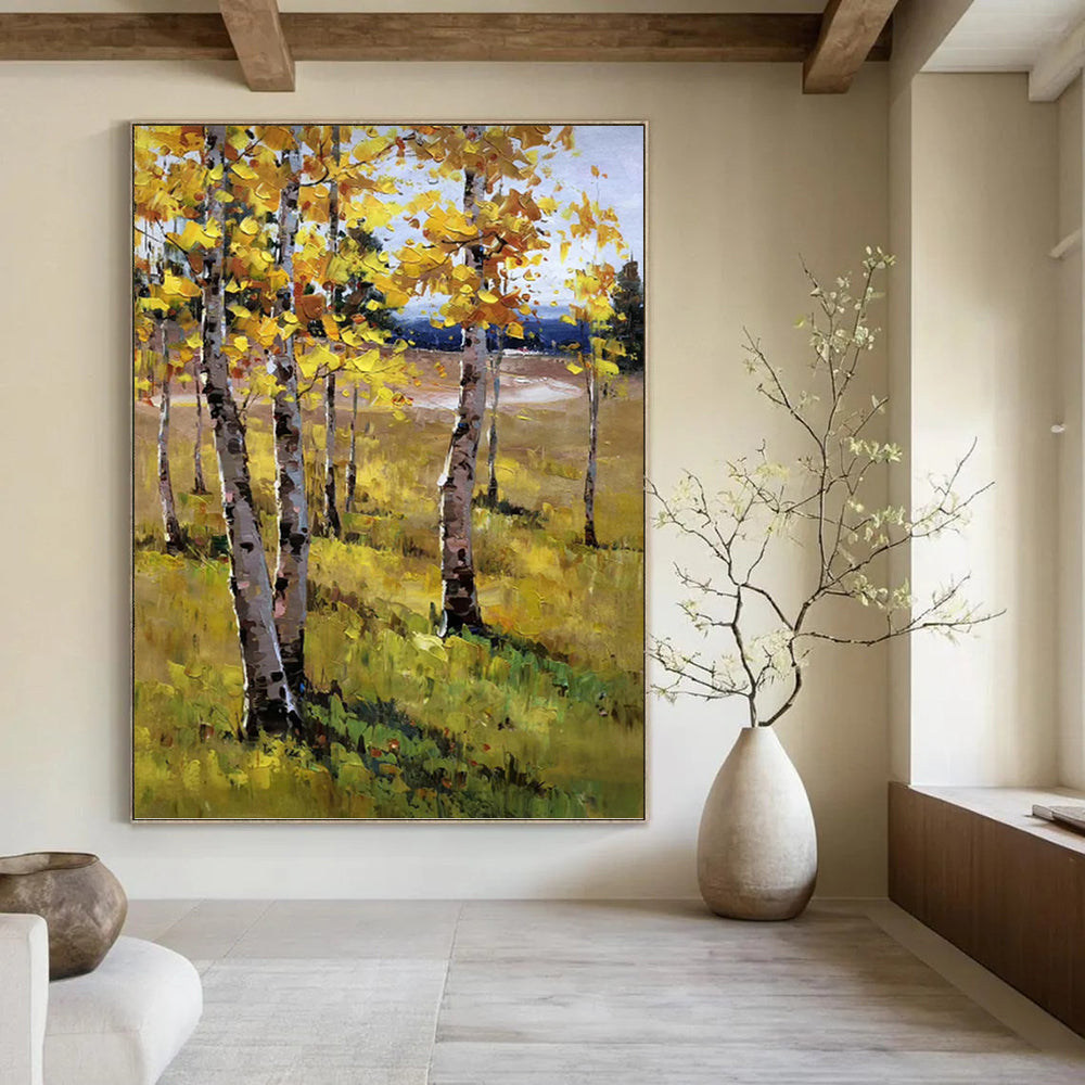 “Yellow - Green Autumn Birch Field” - Impasto Landscape Painting On Canvas PT1284