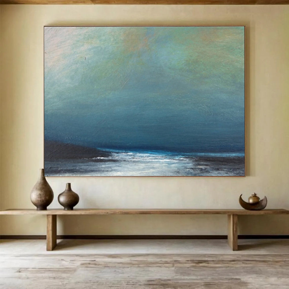 Muted Blue and Green Sky Over Dark Sea Seascape Painting On Canvas DKS107