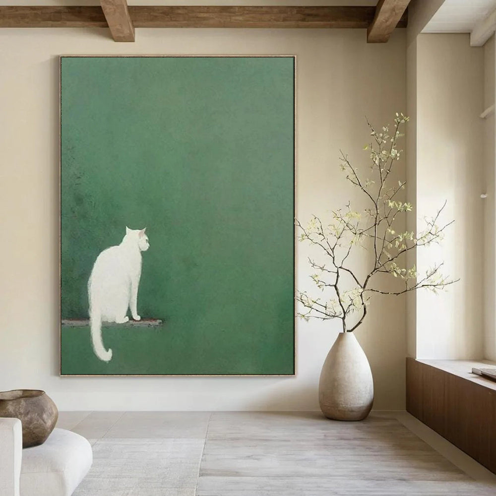 “Minimalist White Cat on Green” - Minimalist Animal Painting On Canvas PT1937