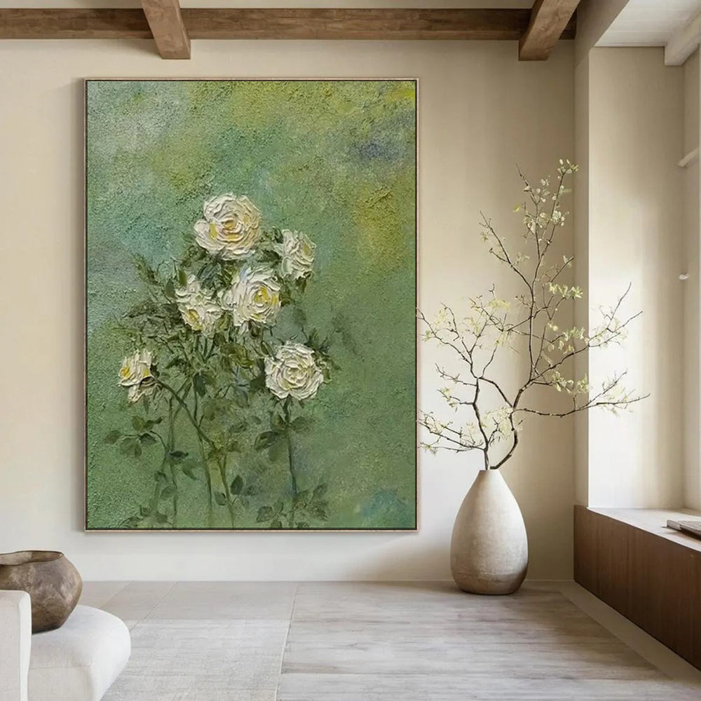 “White Roses on Green” - Textured Floral Painting On Canvas PT1987