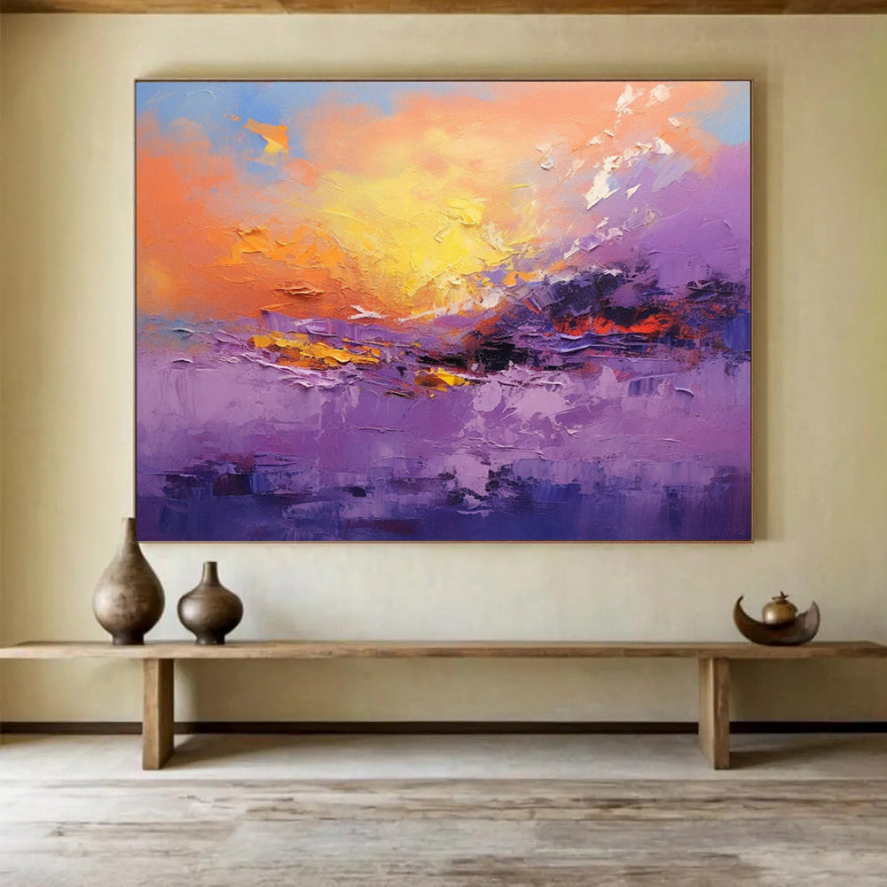 “Vibrant Purple and Orange Sunset Landscape” - Impasto Landscape Painting On Canvas PT084