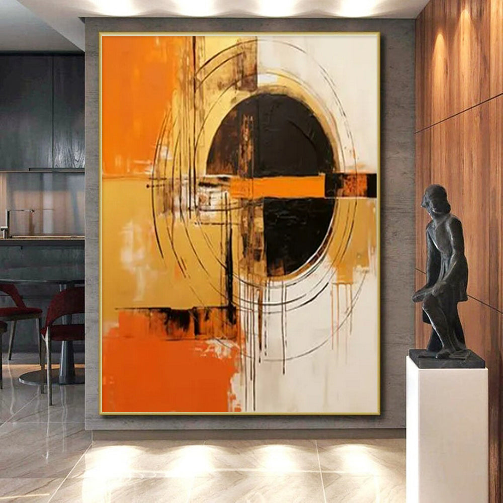 Orange, Gold, Black & White Geometric Abstract "Solar Pulse" Painting On Canvas PS0853