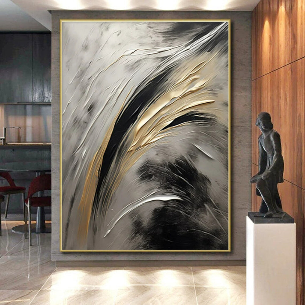 “Silver - Black - Gold Flowing Strokes” Painting On Canvas PS0834