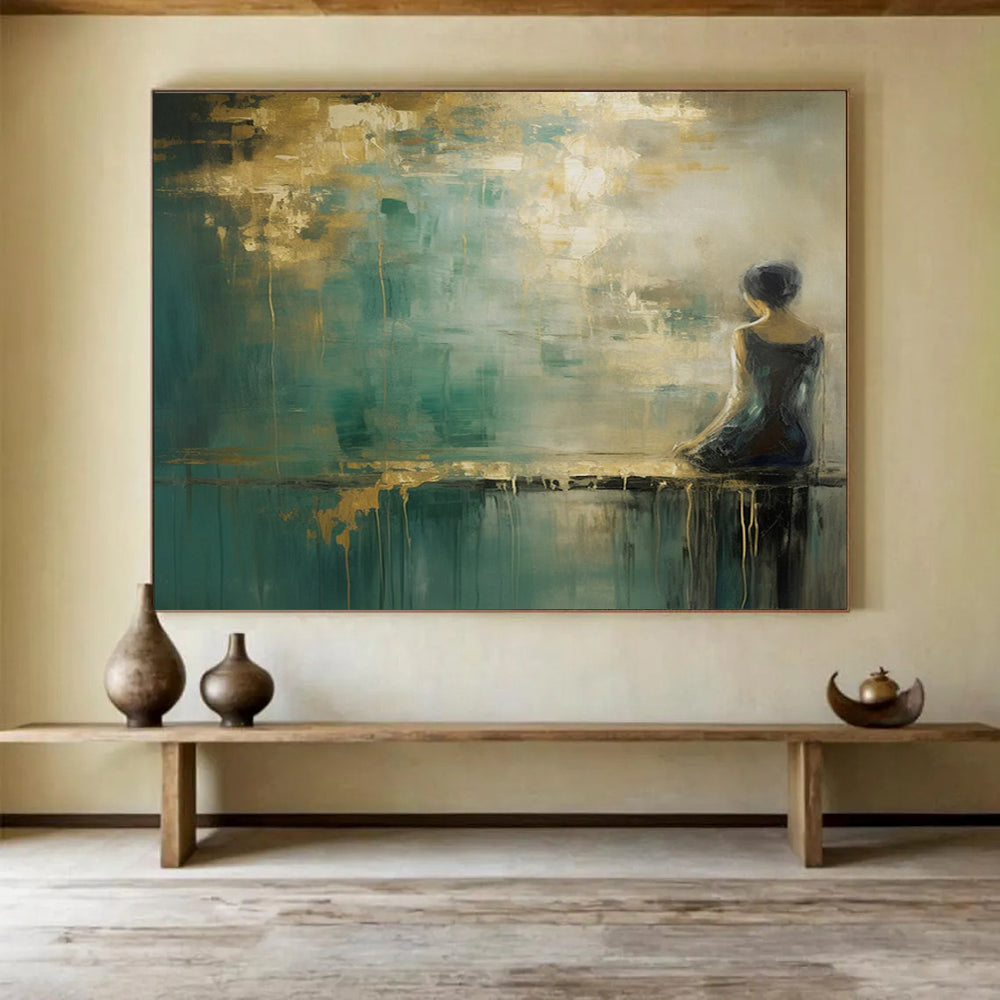 “Woman by the Water in Teal and Gold” - Impressionistic Figurative Painting On Canvas PT087
