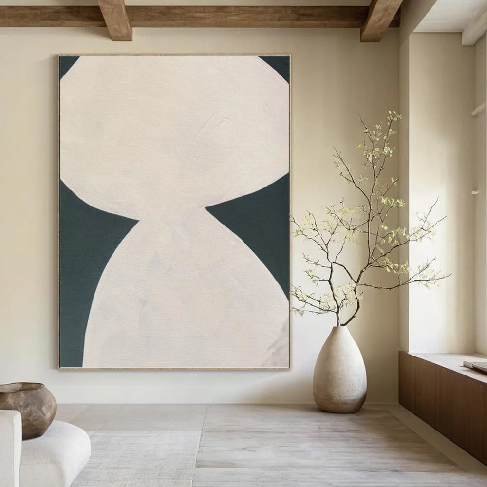 “White Curved Forms on Dark Green” - Contrasting Shapes Abstract Painting On Canvas PT1081