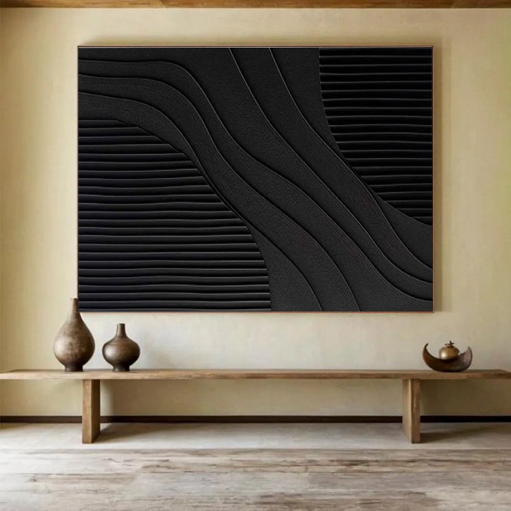 Black Curved and Straight Lines Minimalist Abstract Painting On Canvas DKS098