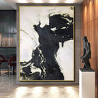 “Black - White Abstract Flow” - Black, White Abstract Expressionist Painting On Canvas PS0733